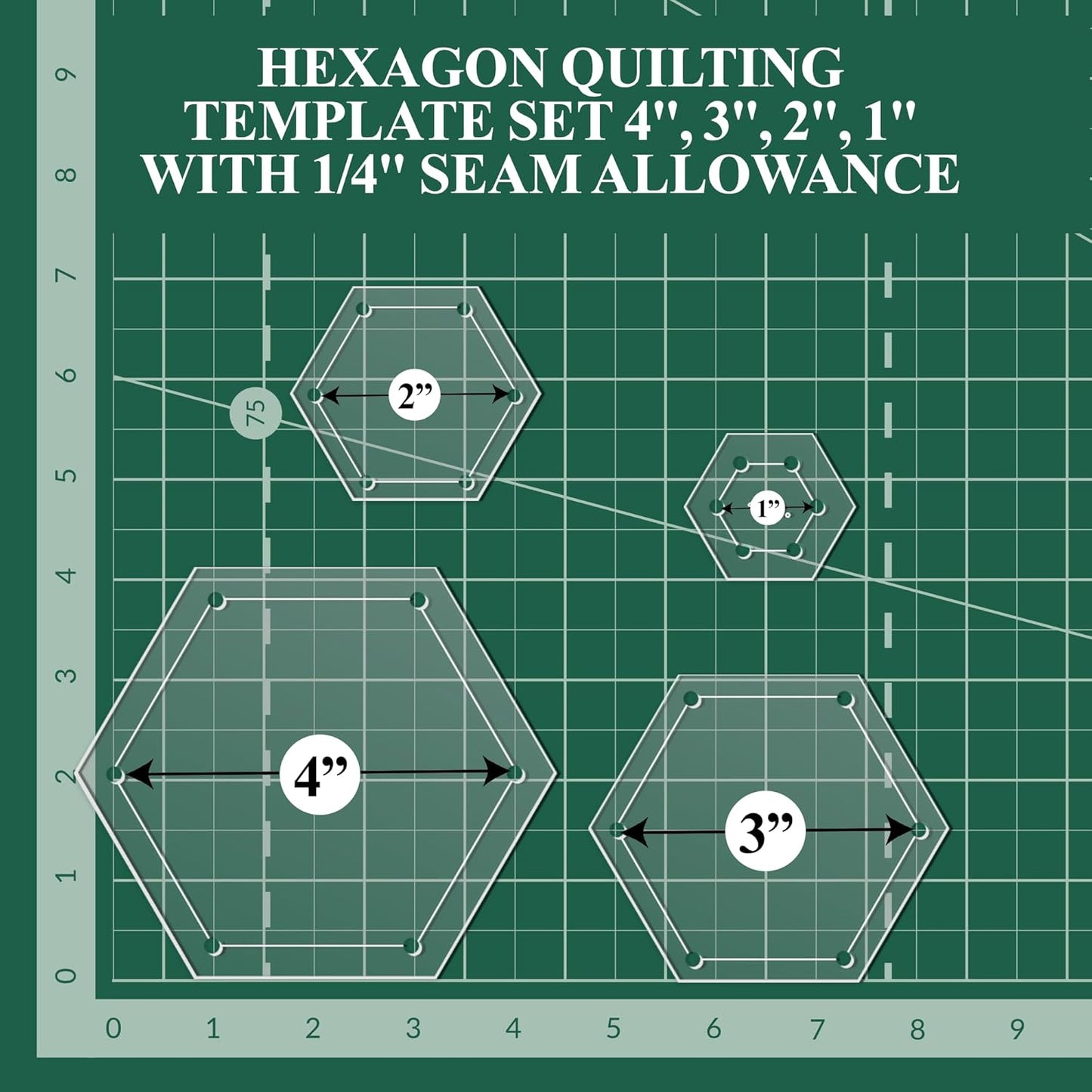 Hexagon Quilting Template Set - 4", 3", 2", 1" Sizes with 1/4" Seam Allowance - Durable Acrylic Templates for Quilting, Patchwork, Crafting, & Sewing Projects - Clear Templates for Accuracy