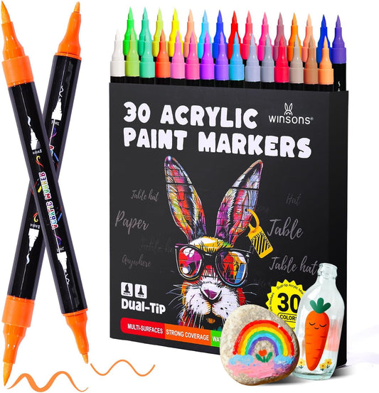 Acrylic Markers, 30 Dual-Tip Paint Pens for Rock Painting, Colouring Books, Mugs, Canvas Shoes, Metal, Scrapbooking - Quick Dry, Brush & Fine, Drawing Markers, Classrooms Must Have