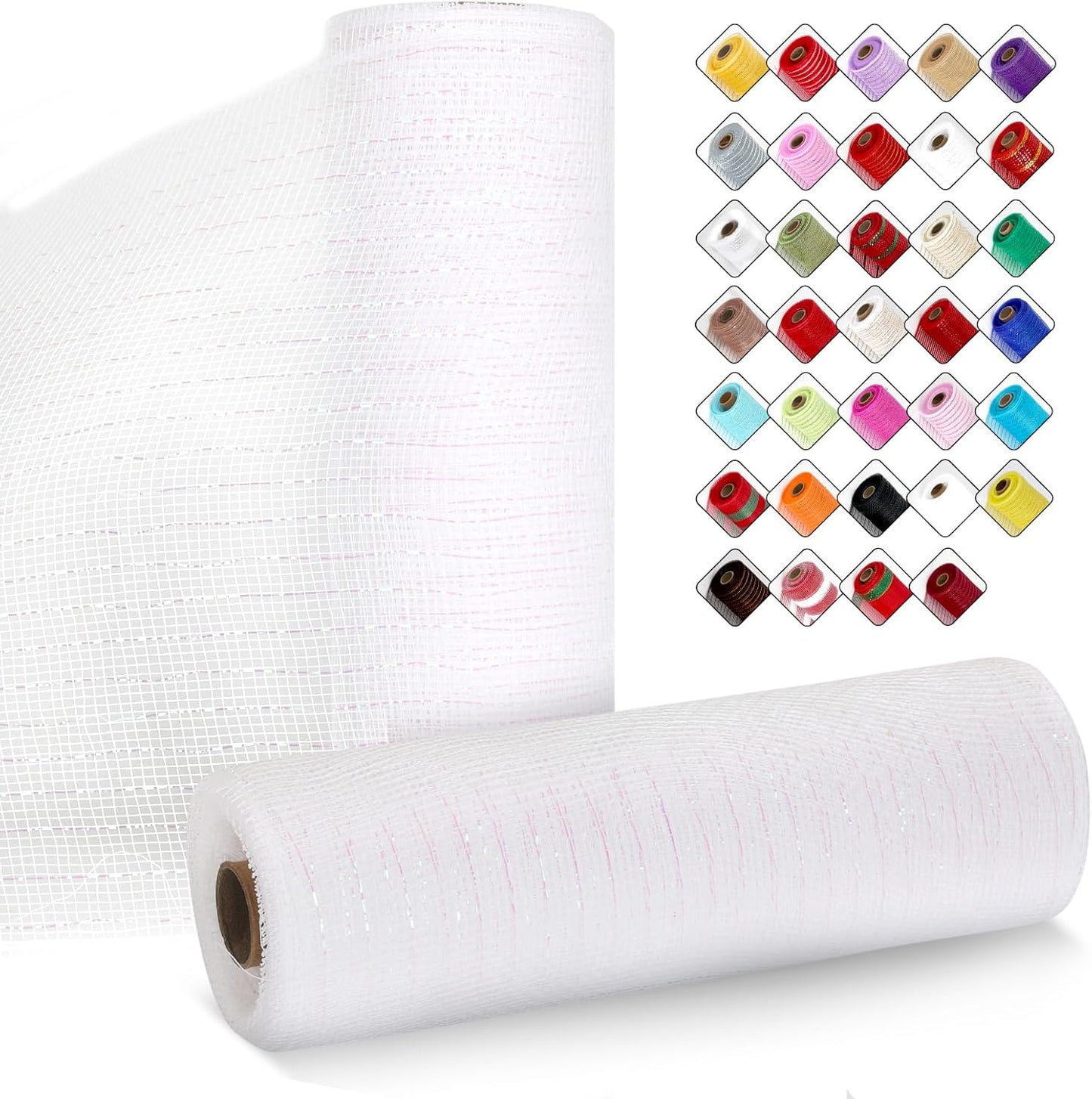 2 Rolls Mesh Ribbon for Wreaths 10 Inch x 30 Foot Wreath Mesh Rolls with Metallic Foil for Easter Christmas Party Wedding Home Decor DIY Craft Projects and Gift Wrapping (White/Colorful Foil)