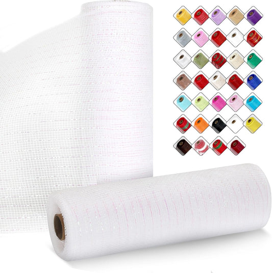 2 Rolls Mesh Ribbon for Wreaths 10 Inch x 30 Foot Wreath Mesh Rolls with Metallic Foil for Easter Christmas Party Wedding Home Decor DIY Craft Projects and Gift Wrapping (White/Colorful Foil)