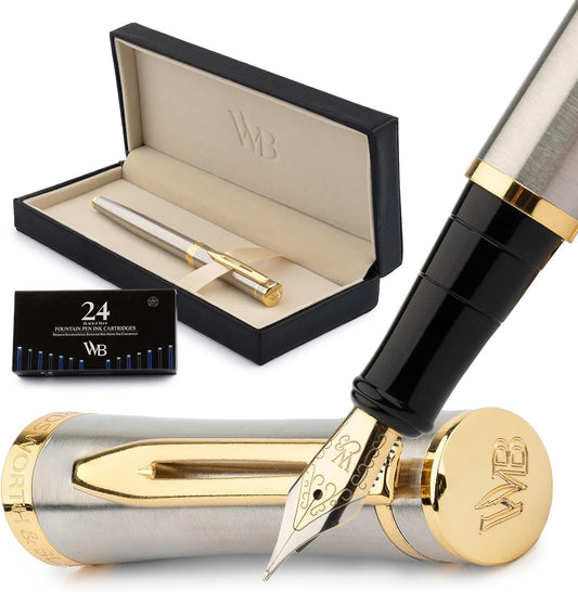 Wordsworth & Black Fountain Pen Set, Medium Nib, Includes 24 Ink Cartridges and Ink Refill Converter, Gift Case, Journaling, Calligraphy, Smooth Writing Pens [Silver Gold], Perfect for Men and Women