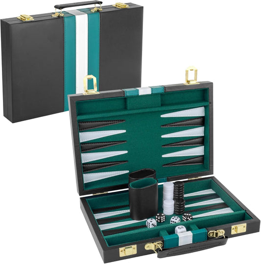 Backgammon Set 2 Players Classic Backgammon Sets for Adults Board Game with Black PU Leather Case Portable and Travel Backgammon Set (Green, 11inch)