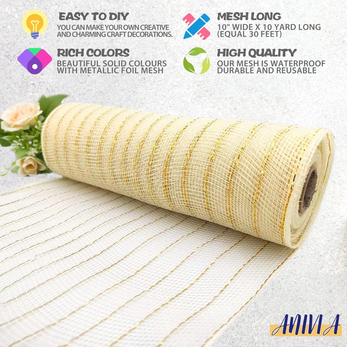 Anivia Deco Mesh Ribbon, 10inch x 30 Feet Each Roll Metallic Foil Mesh Ribbon for Wreaths Swags, Holloween, and Christmas Tree Decoration (Ivory/Gold Foil)