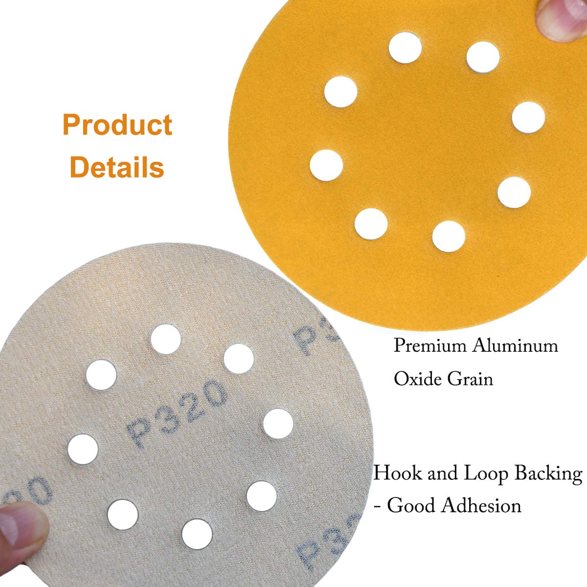 5-Inch 8-Hole Hook and Loop Sanding Discs 320-Grit Random Orbit Sandpaper, 100-Pack