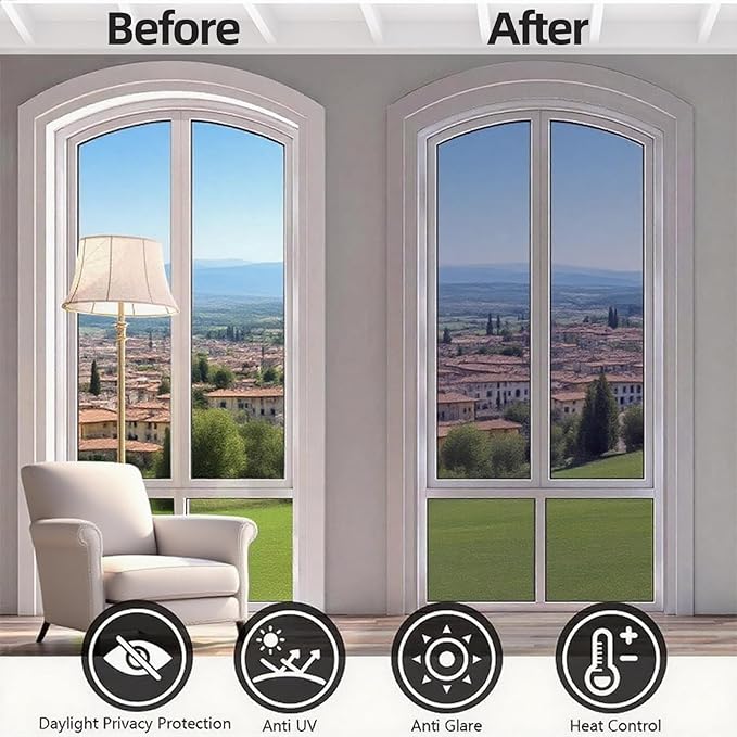 Window Privacy Film One Way Daytime Privacy Static Cling Sun Blocking Static Cling,Frosted Glass Decorative Removable, Reusable, Anti-UV,Heat Blocking, with Tools Black 29x157inch