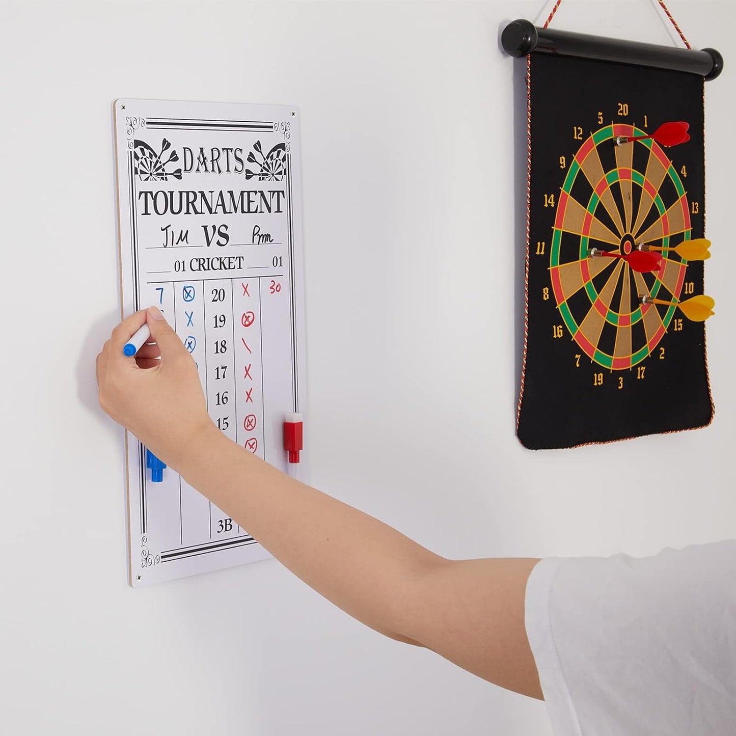 Juexica 2 Pieces Dart Scoreboard Dry Erase Scoreboard Dart Score Keeper Dart Accessories with 4 Dry Erase Markers for Cricket and 01 Dart Games, 15 x 7.8 Inches
