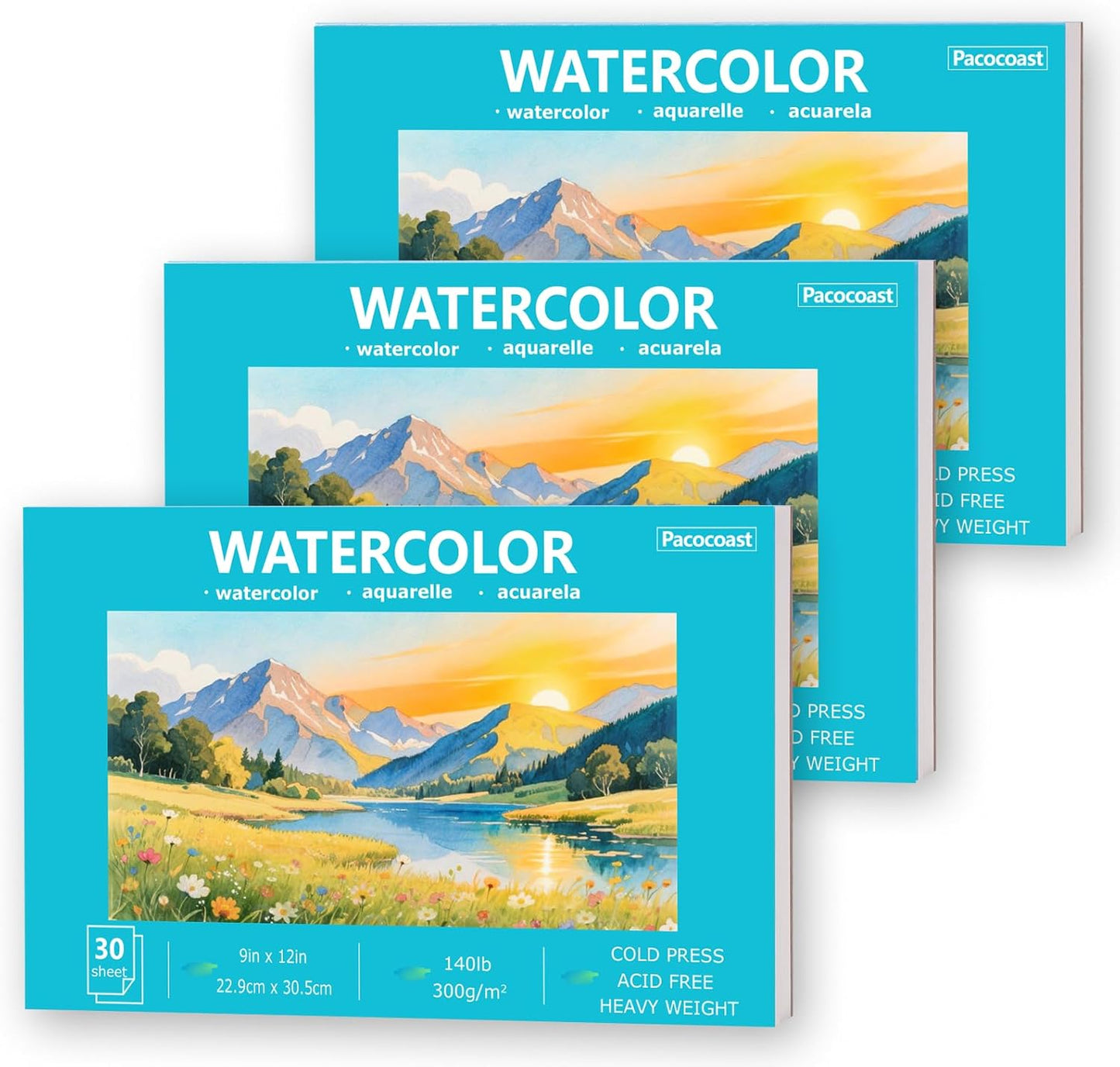 Pacocoast Water Color Paper Bulk, 5.5"x8.5" Art Sketch Book, Pack of 3 (90 Sheets), (140lb/300g) Artist Watercolor Drawing Paper for Kids Adults, Watercolor Pad for Paint, Pencil, Pastel, Crayon