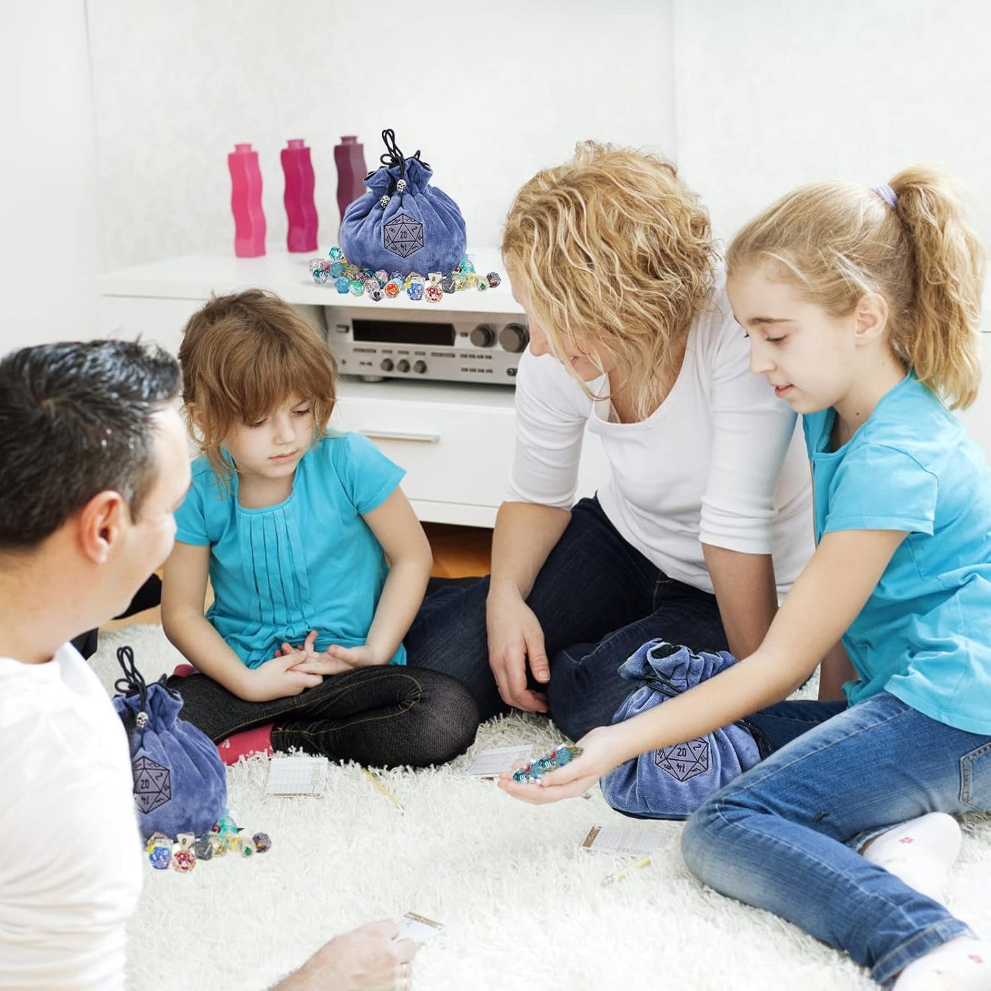 Large Dice Bags with Pockets Blue Storage Bag D20 Logo for DND RPG Game Dices (with 1lb Random DND Dice)