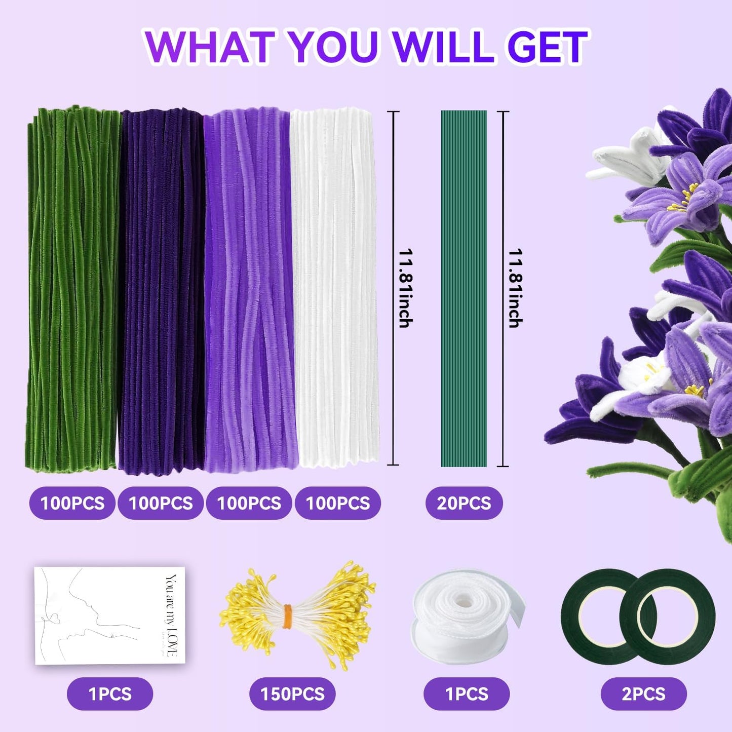400PCS Purple Pipe Cleaners Bulk – 4 Colors Chenille Stems for Crafts, DIY Art Supplies, Fuzzy Sticks for Crafting Flowers, Wedding & Valentine's Day Decorations, Kids School Craft Kit