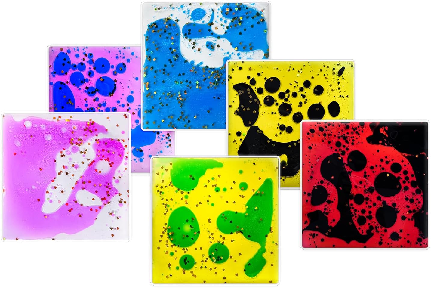Squishy Liquid Sensory Tiles for Kids – 6" Soft Colorful Tactile Play Pads with Glitter for Visual Tracking, Desk, Calm Corner, Classroom or Quiet Play (6-Pack)