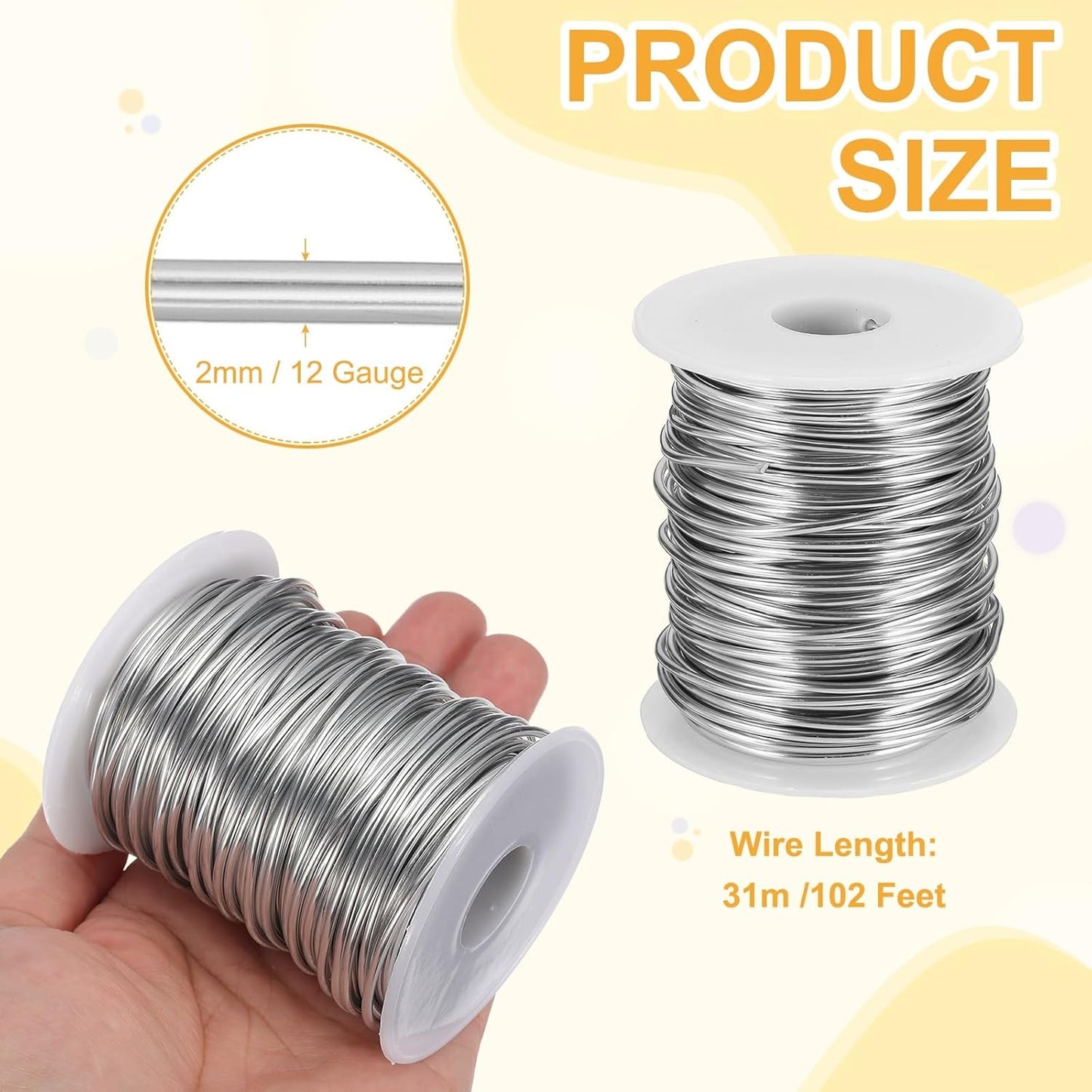 uxcell 12 Gauge / 2mm Anodized Aluminum Wire for Jewelry Craft Making, 102 Feet Bendable Flexible Wire for DIY Home Decor Gardening Sculpture, Silver