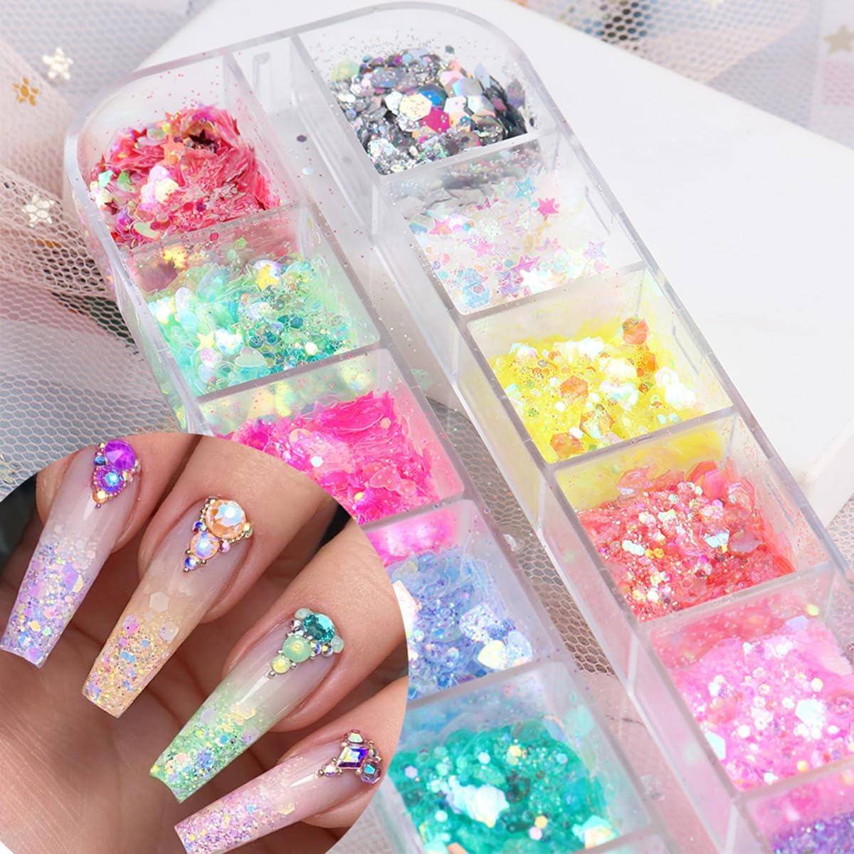 12 Colors Bling Mermaid Nail Glitter Sequins 3D Holographic Nail Glitter Flakes Hexagon Chameleon Chunky Glitter for Nail Art Sequins Mixed Iridescent Nail Flakes for Women DIY Shiny Nail Decoration
