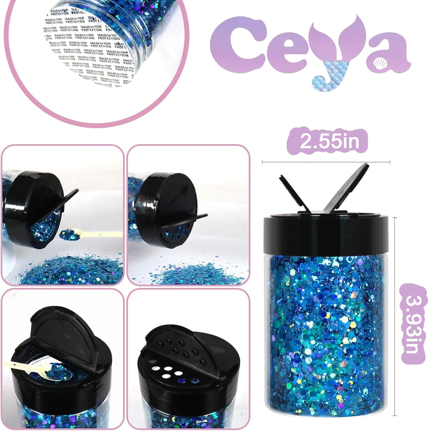 Ceya Holographic Chunky Glitter, 4.9oz/ 140g Sky Blue Craft Glitter Powder Mixed Chunky & Fine Flakes Iridescent Nail Sequins for Nail Art, Hair, Epoxy Resin, Tumblers, Slime, Painting, Festival Decor