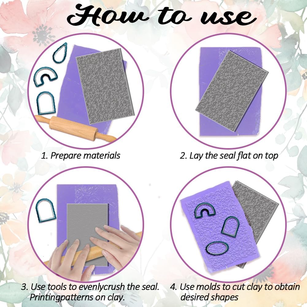 4PCS Polymer Clay Texture Sheets Set for Using with Clay Cutters Boho Clay Mat Effect as Texture Roller DIY Craft Tools Earing Jewelry Making