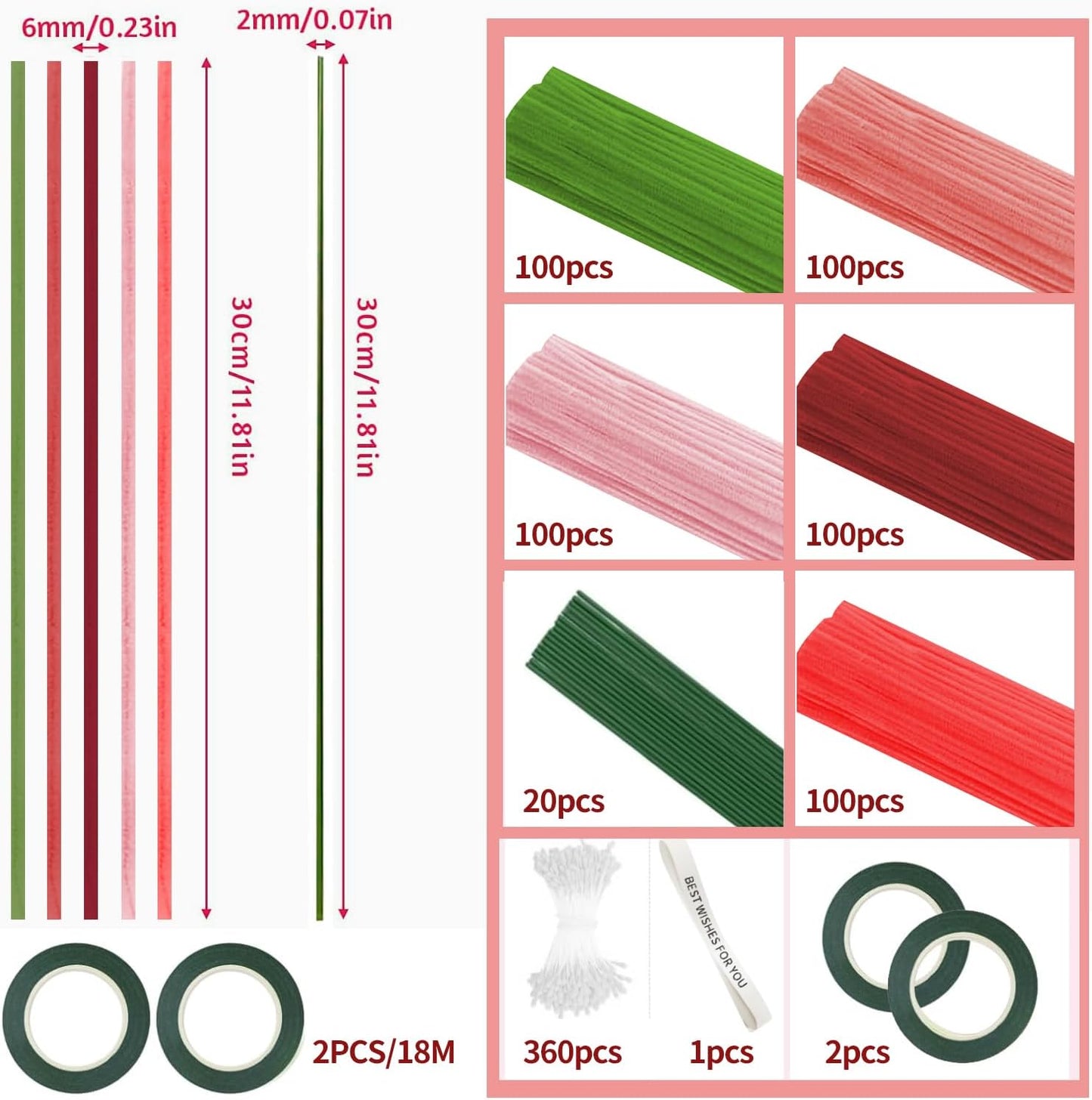 500 Pcs Pipe Cleaners Craft，5 Colors Pipe Cleaners Bulk,Chenille Stems Flowers Craft kit for DIY Handmade Bouquet Wrapping Party Decorations whit Ribbons，Stems,Tape，Stamens, Glue Sticks (Red)