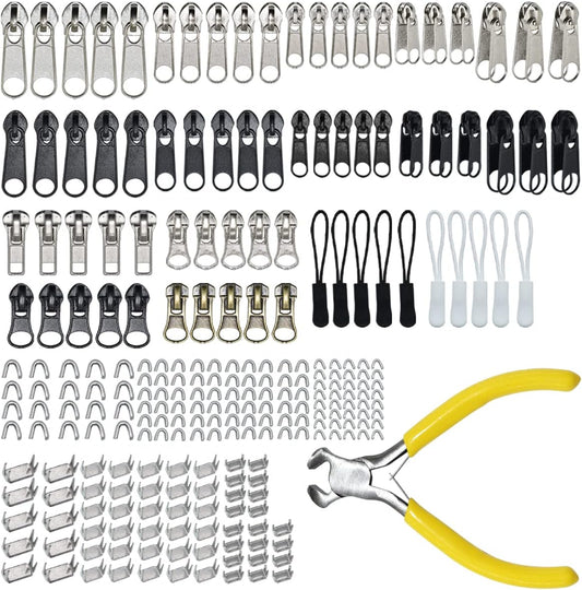 252Pcs Zipper Repair Kit, Zipper Replacement Zipper Pulls, Zipper Fix Replacement Zipper Slider Set with Installation Pliers for Jacket Backpack Luggage Sleeping Bag #3#5#8 Silver and Black