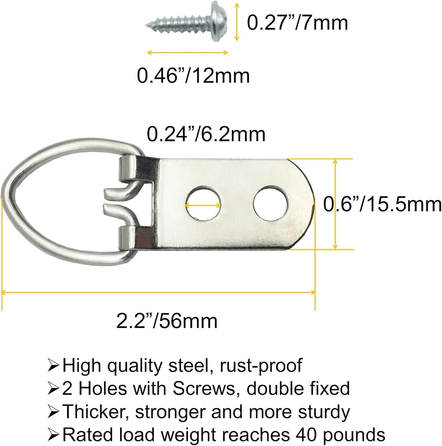 40 Pack D-Ring Steel Picture Hangers Heavy Duty with Screws Picture Frames Double Holes Clasp Picture Hang Solutions