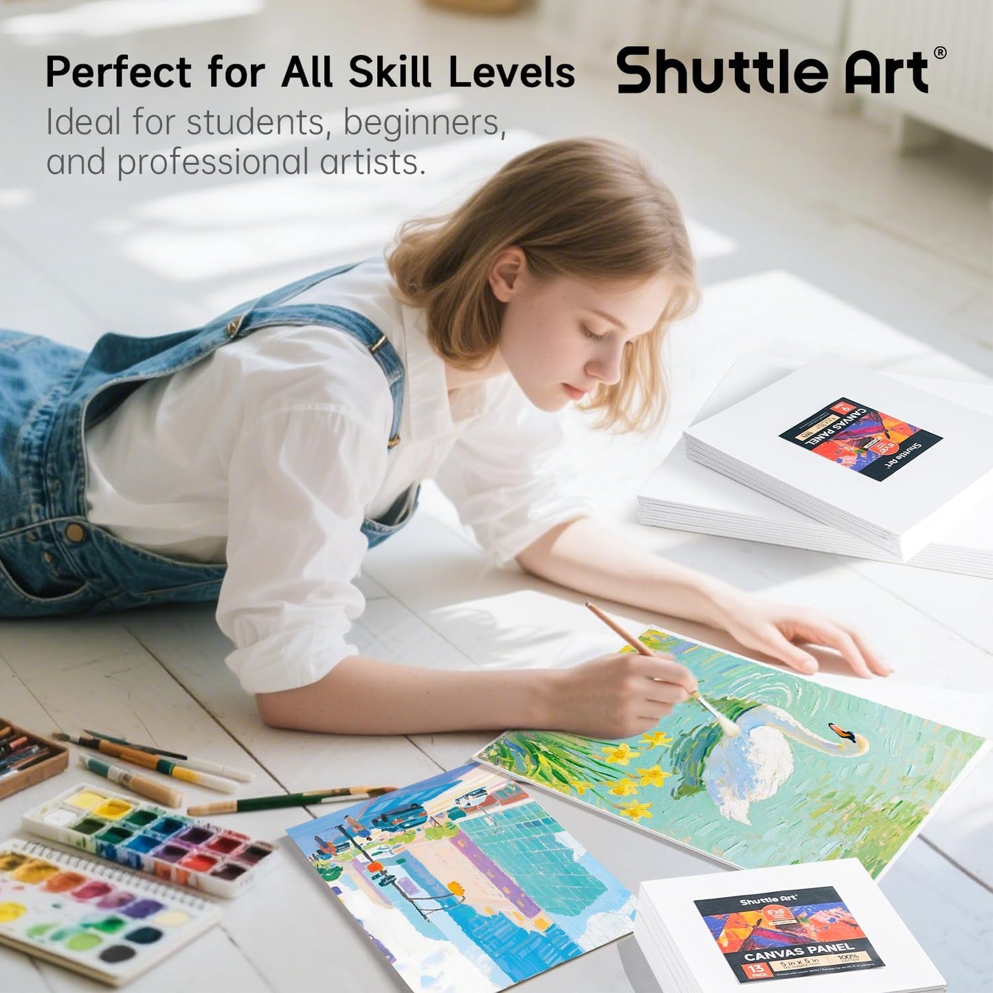 Shuttle Art Painting Canvas Panel, 36 Multi Pack, 5x7, 8x10, 9x12, 11x14 inch (9 PCS of Each), 100% Cotton Art Canvas Board Primed White, Blank Canvas for Kids Adults for Acrylic Oil Painting