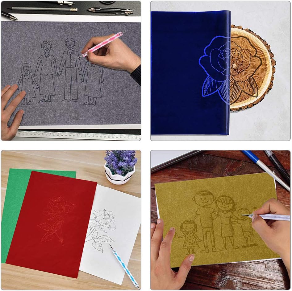 120pcs A4 Transfer Paper with 5pcs Embossing Stylus,Tracing Paper Copy Paper Carbon Water-Soluble Transfer Paper for Transfer Pattern on Fabric,Wood,Cross Stitch Cloth,Paper, Hand Painting