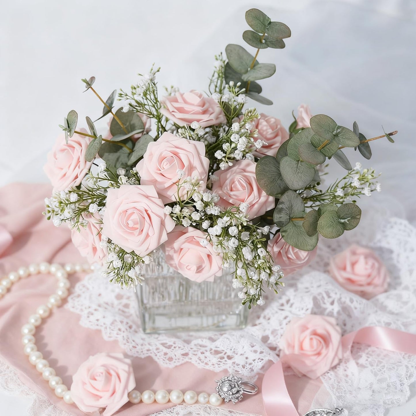 Artificial Flowers Foam Fake Roses 25pcs Light Pink Roses with Stems for Home Decor DIY Wedding Bouquets Party Bridal Shower Centerpieces Faux Flower Arrangements Tables Decorations