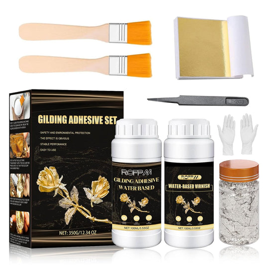 Gilding Adhesive Set Gold Leaf Sheets for Art 100ml Water Based Metal Leaf Glue and 100ml Varnish, Gold Foil Sheets for Crafts 100 pcs, 2 Brushes and 1 Sheet Tweezers