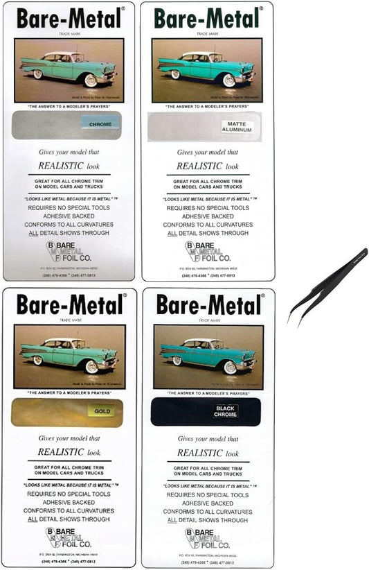Bare Metal Foil Model Adhesive Sheet, Chrome, Matte Aluminum, Gold, and Black Chrome, 6x11.75 Sheets (Pack of 4) - with Make Your Day Curved Tweezers