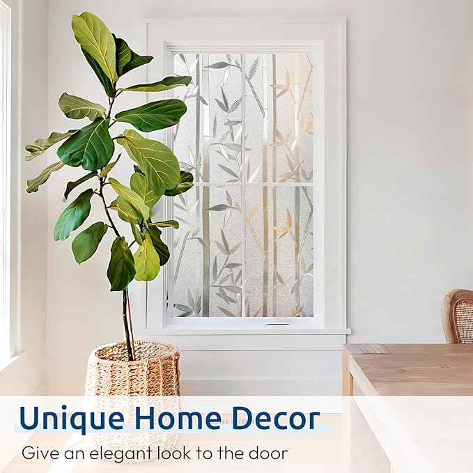 rabbitgoo Window Privacy Film Frosted Bamboo Pattern, Removable UV Blocking Stained Glass Decals Covering Decorative Window Cling for Home, 35.4 in X 6.5 Feet, Regular