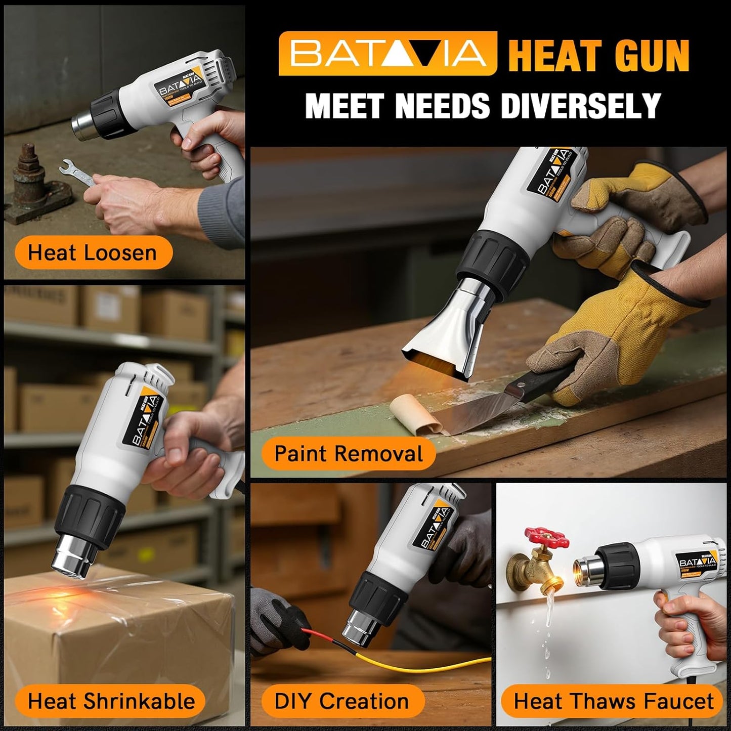 Heat Gun - BATAVIA Dual Protection Fuses 1800W Heavy Duty Fast Heat Hot Air Gun with 752℉&1112℉ Dual-Temperature Settings and 4 Nozzles with Overheat Protection for Crafts, Vinyl Wrap, Shrink Tubing