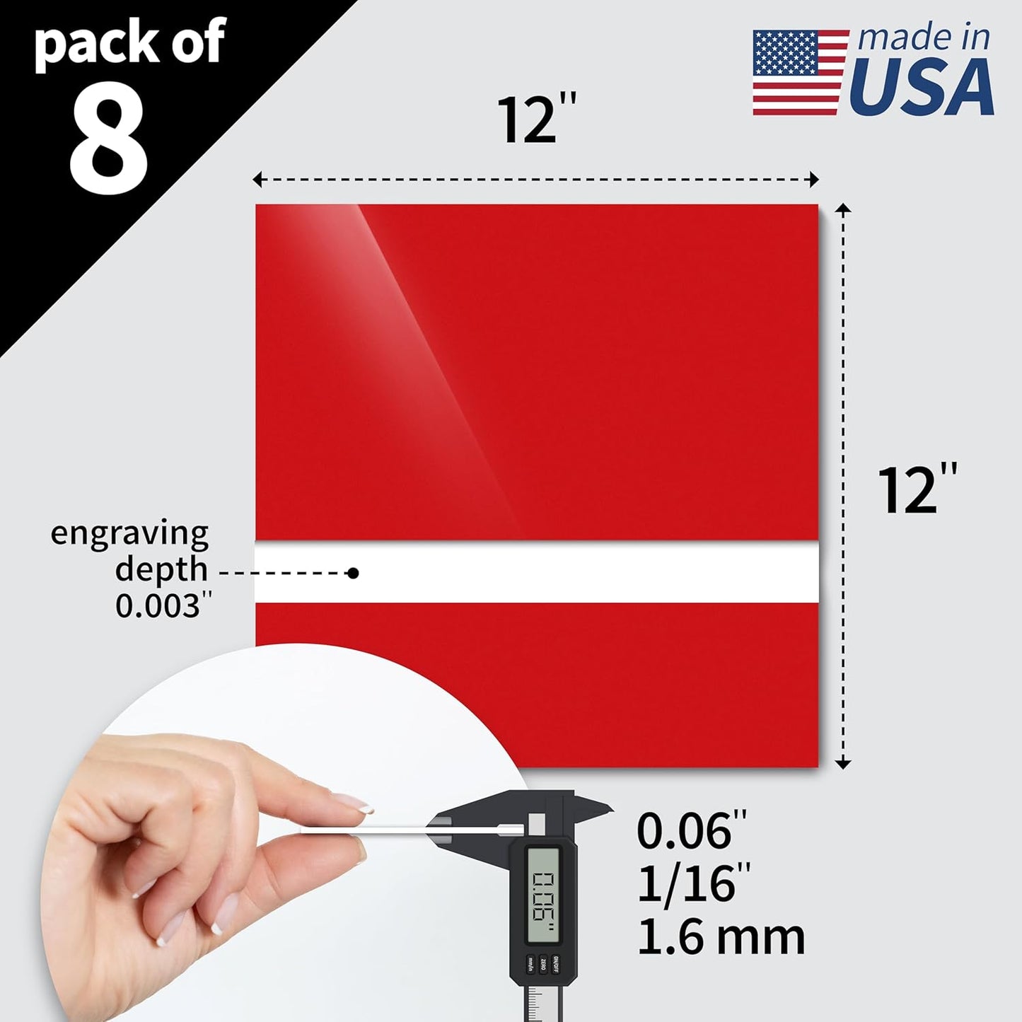 Trotec TroLase | 12"x12"x1/16", 8 Pcs | Gloss Red/White | 2 Ply | Modified Acrylic | Laser Engraving Double Color Plastic Sheet | Engraving Blanks for Laser, Saw, Guillotine | Made in USA