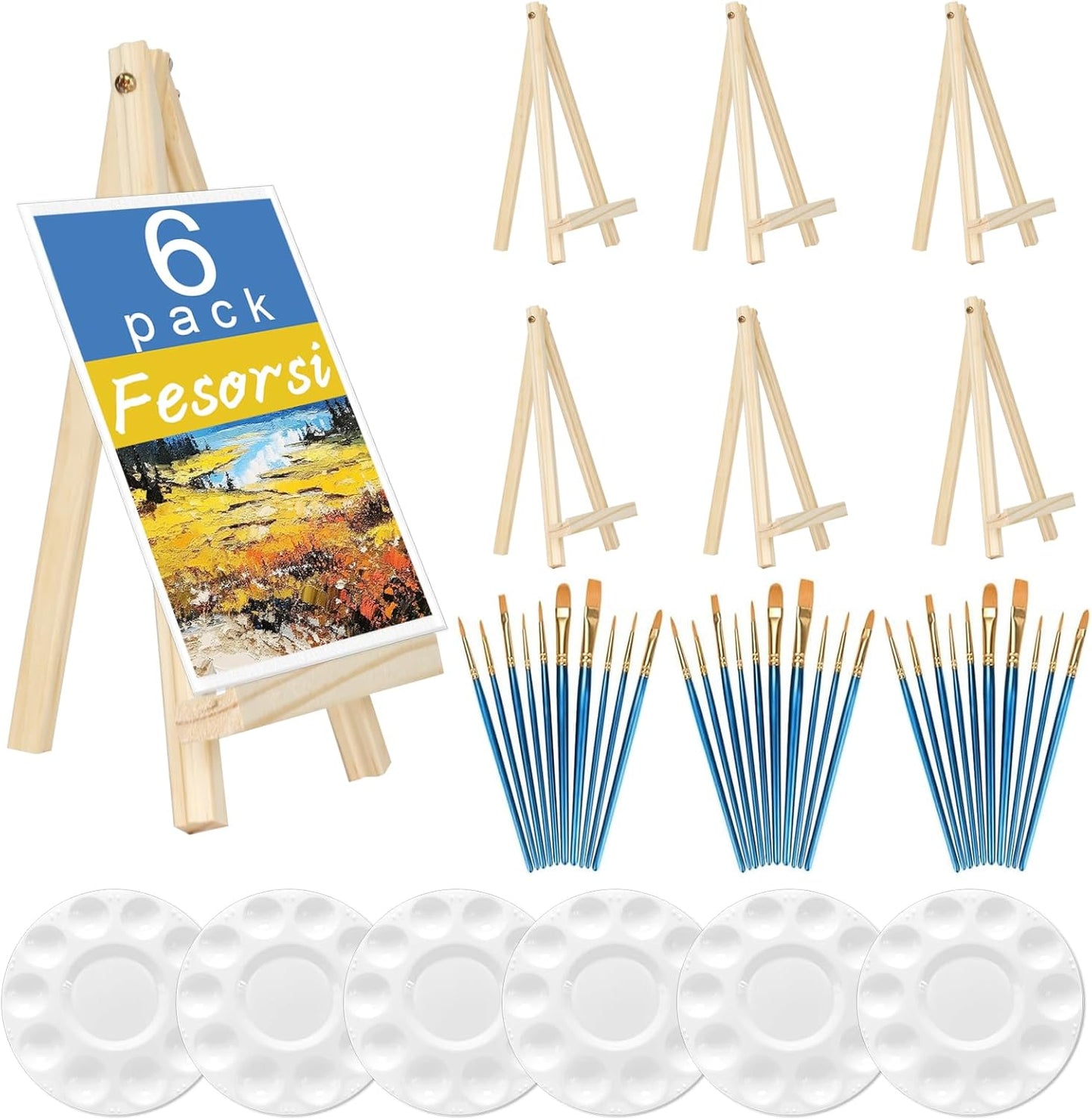 Mini Easels 6 Pack, Small Easels for Painting 24cm/9 Inch, Folding Design, Small Easel with 6 Palettes and 30 Brushes, Suitable for Outdoor Painting Party