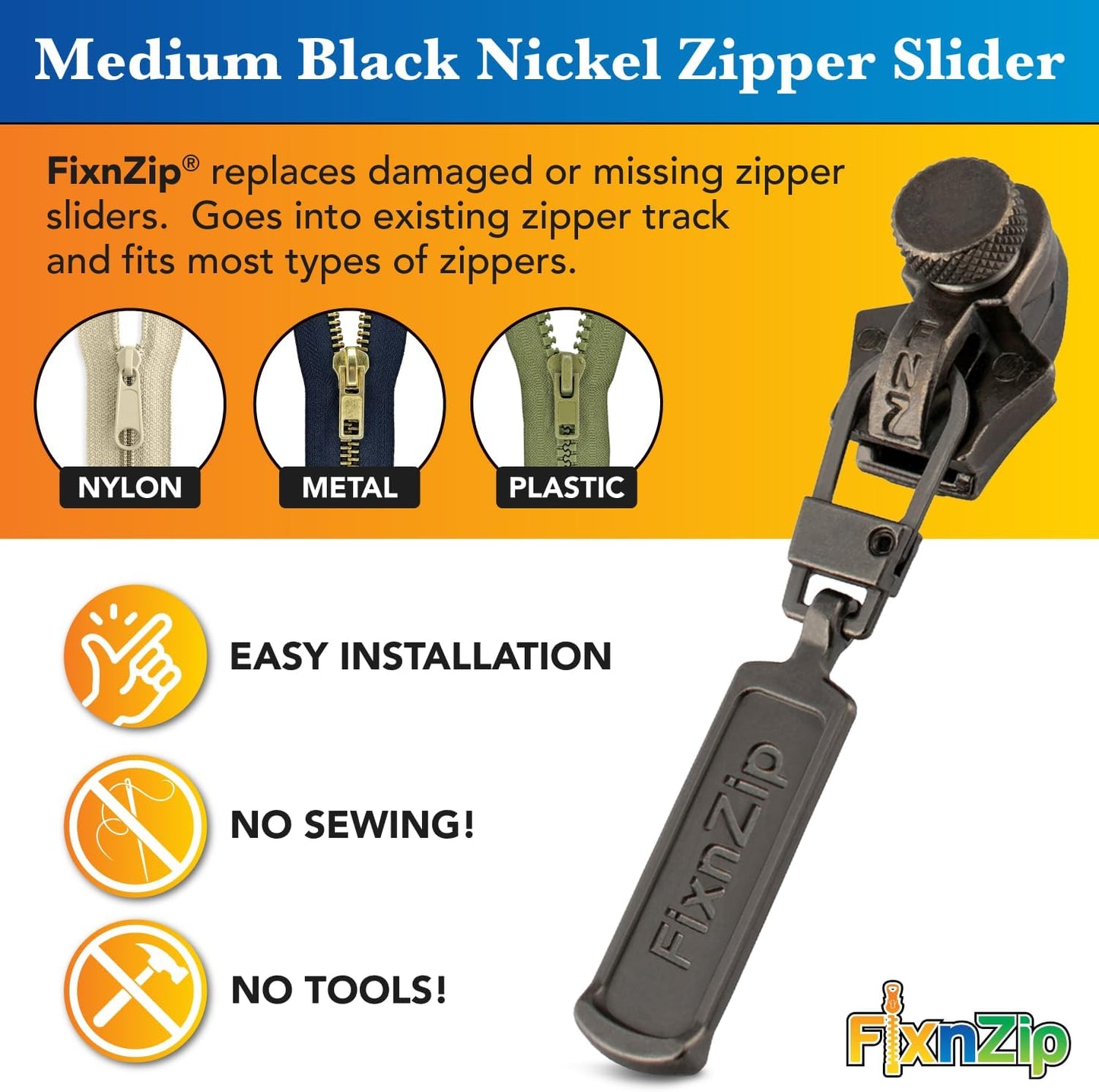 FixnZip (Medium, Black Nickel) - See Size Guide - Universal Zipper Repair Kit for Jackets, Luggage, Bags - Backpack Zipper Replacement Repair Kit - Instant Zipper Fix