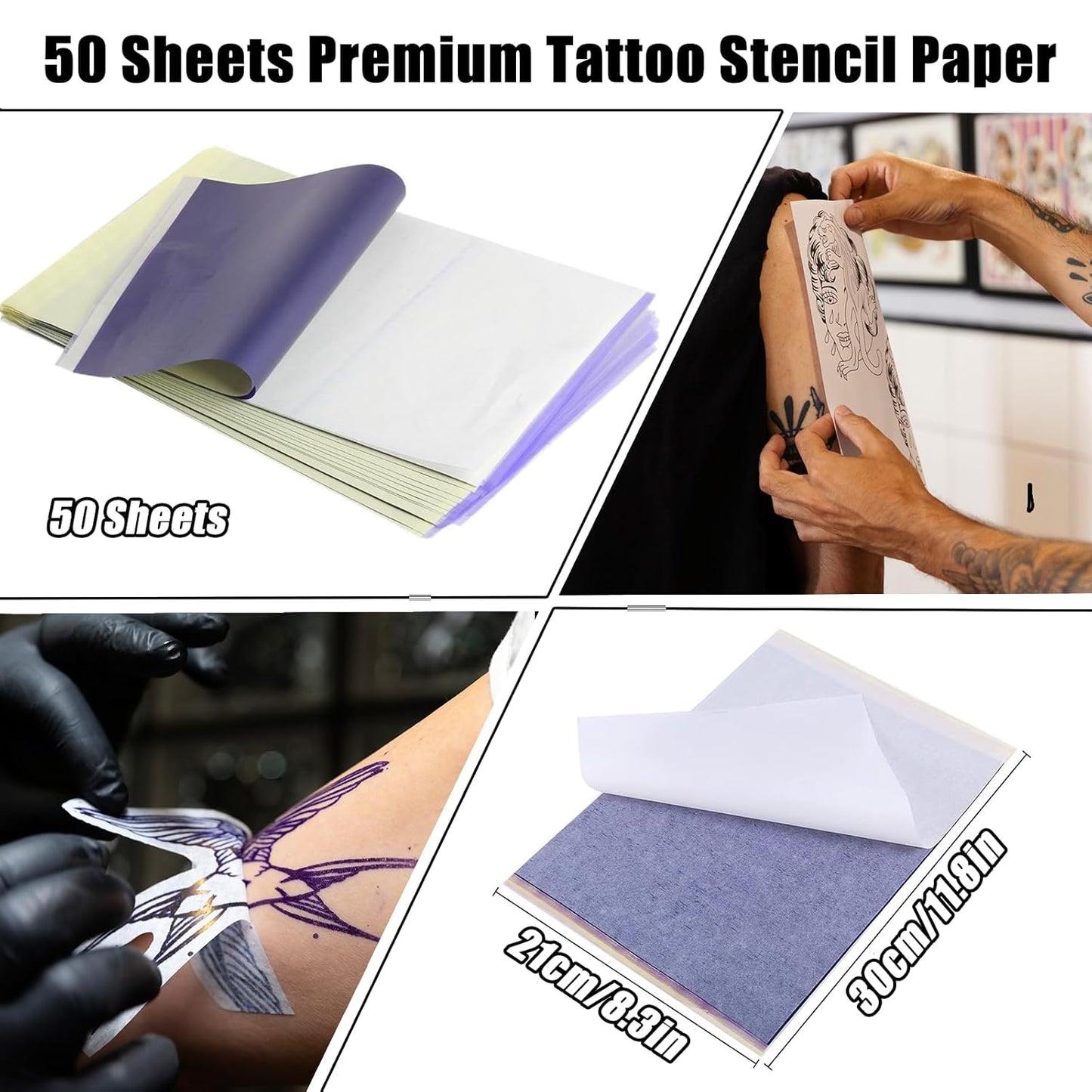 50 Sheets Tattoo Transfer Paper A4 Size Professional Thermal Stencil Paper for Artists, Dual Use with Copier or Hand Drawing, Cut-to-Fit Design