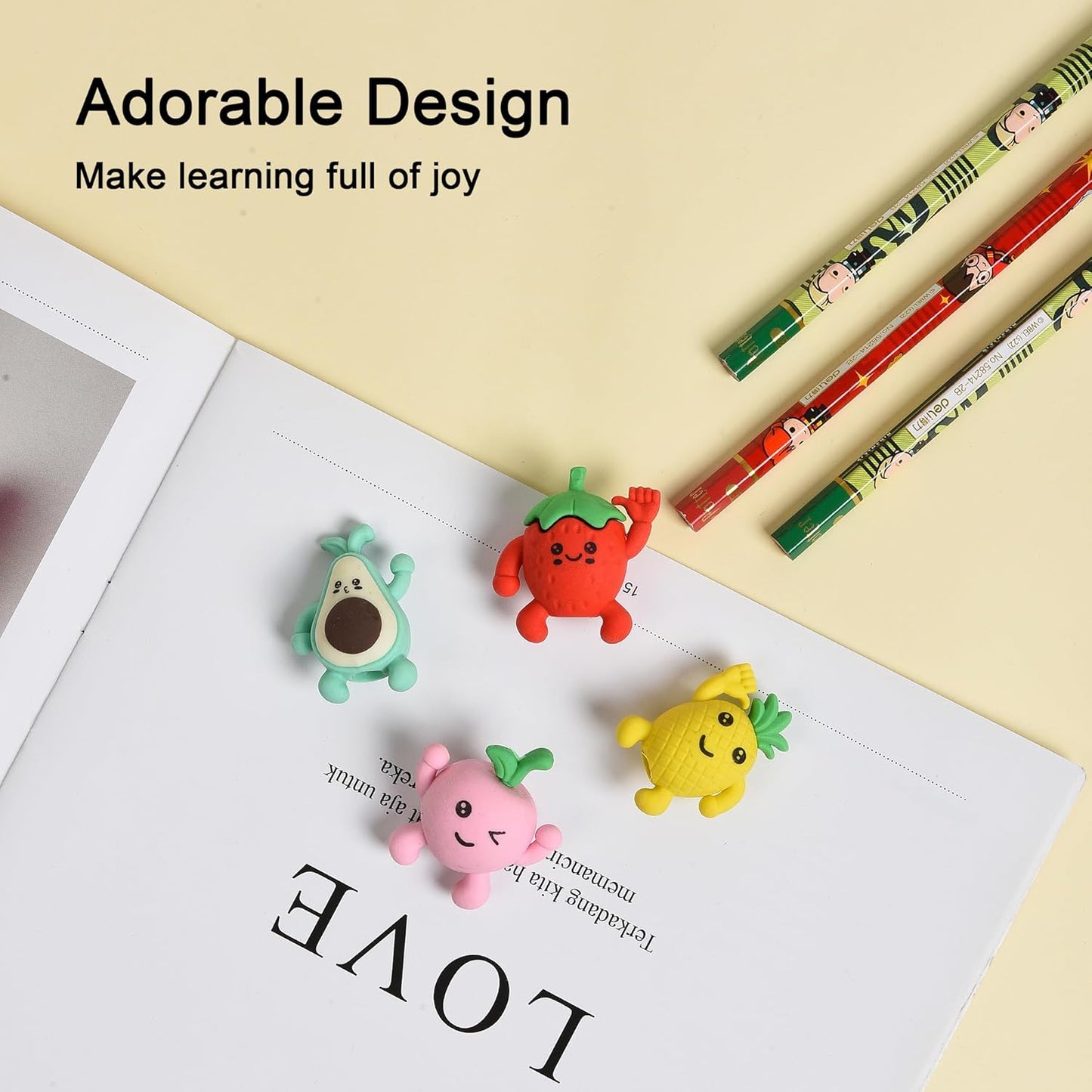 HILAZA 16Pcs Pencil Top Erasers for Kids, 3D Cute Fruit Pencil Toppers, Bulk Fun Pencil Cap Easters for School Classroom Supplies Prize Gifts Party Favors