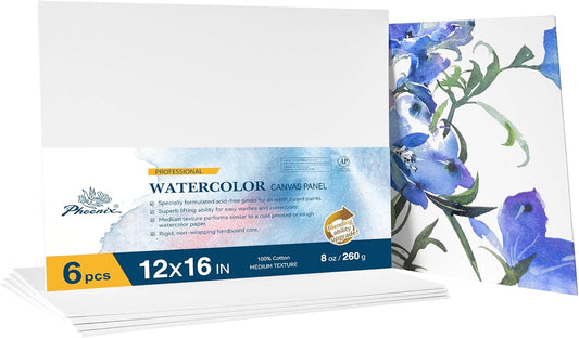 PHOENIX Watercolor Canvas Boards for Painting - 12x16 Inch/6 Pack, 100% Cotton Water Color Canvas Panels, 8 Oz. / 260g White Blank Medium Texture Flat Canvases for Water Based Paints