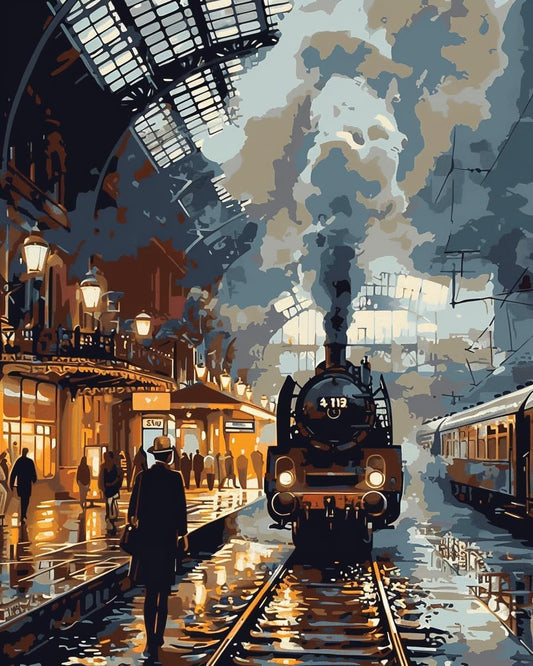 Moohue 14ct Counted Cross Stitch Kits for Adults Train Station Printed Stamped Cross Stitch Patterns Kits Cross Stitch Supplies (Train Station)