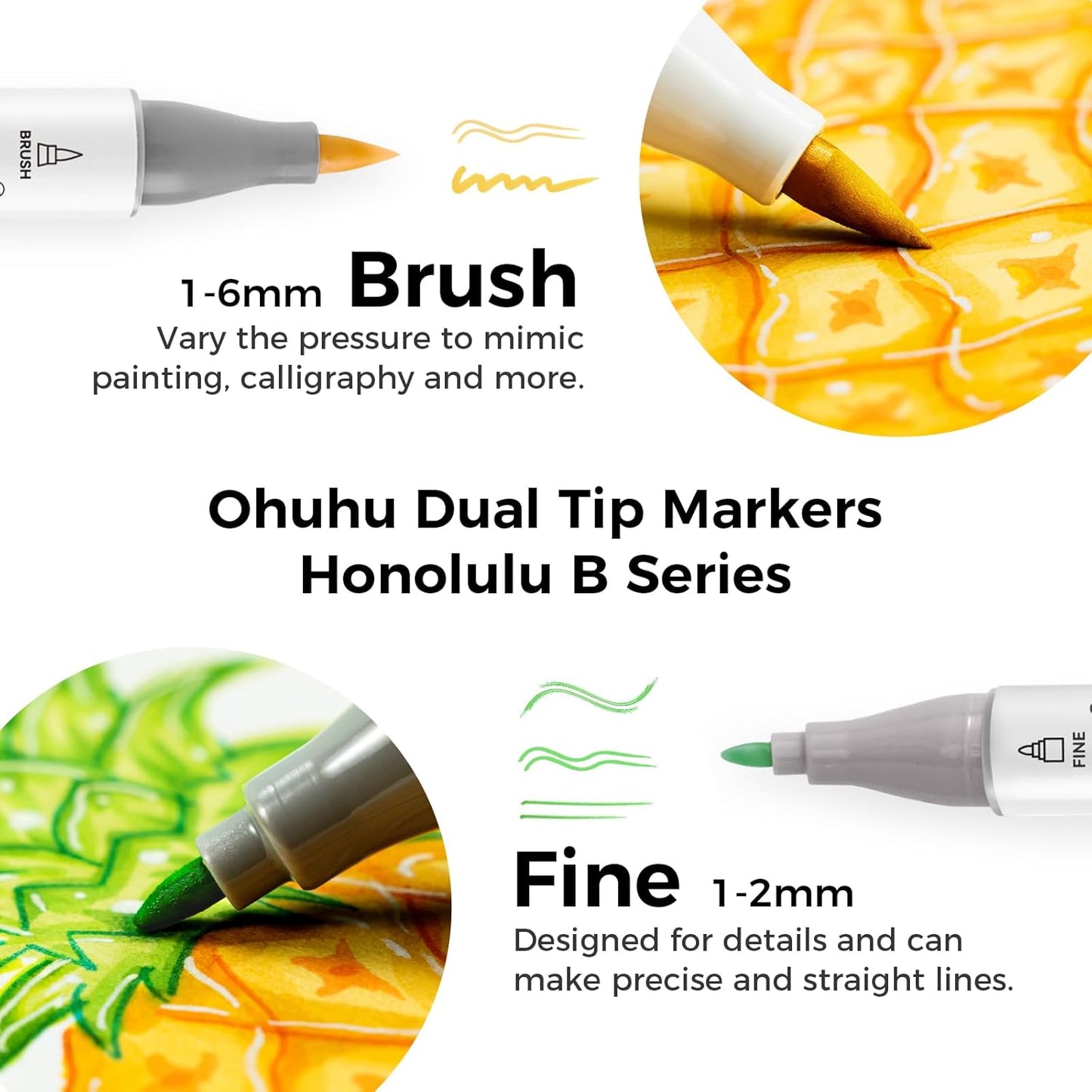 Ohuhu Alcohol Markers Brush Tip: 168-Color Double Tipped Art Marker Set for Artist Adults Coloring Illustrations -Honolulu B -Brush & Fine -Refillable