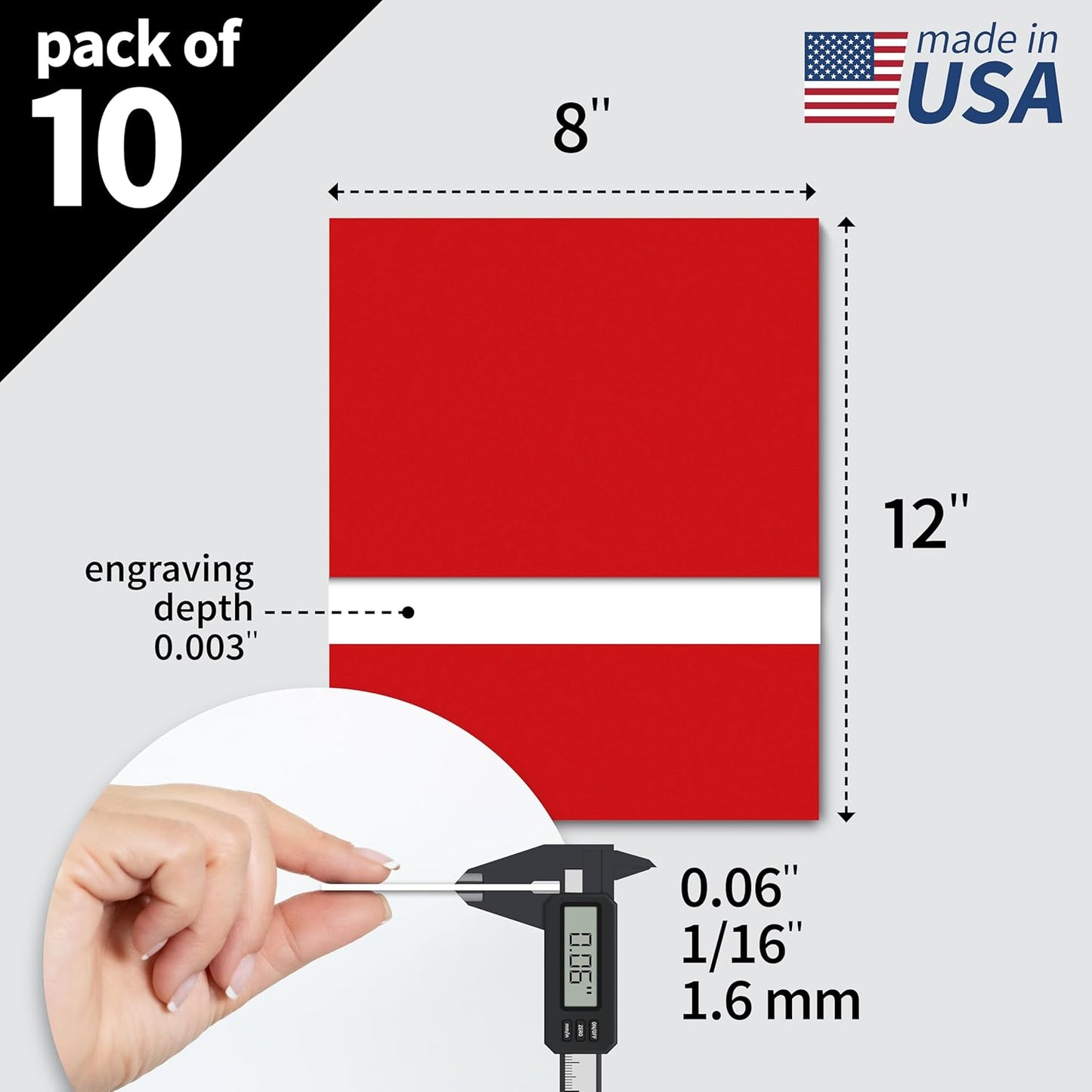 Trotec TroLase | 8"x12"x1/16", 10 Pcs | Red/White | 2 Ply | Modified Acrylic | Laser Engraving Double Color Plastic Sheet | Engraving Blanks for Laser, Saw, Guillotine | Made in USA