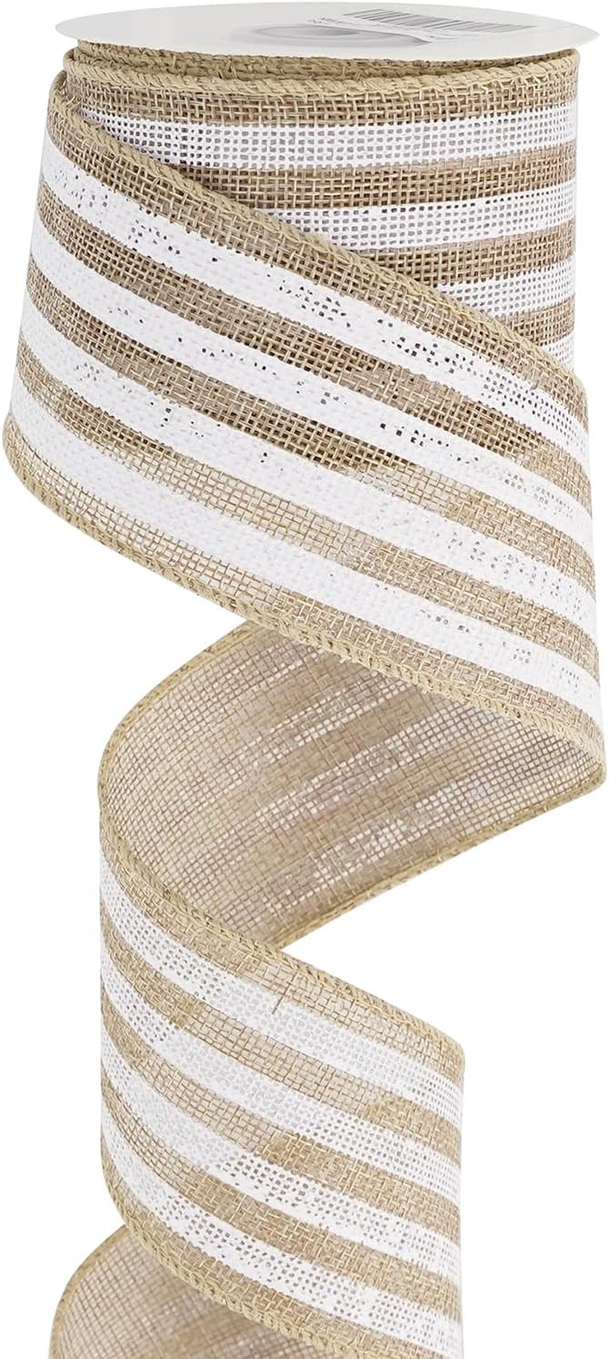 MEEDEE Burlap Wired Ribbon with White Stripe - 2.5 Inch Wired Ribbon for Cakes, Gift Baskets, Wreaths, Rustic Decor, Baby Showers, Beach, Farmhouse, 10 Yards