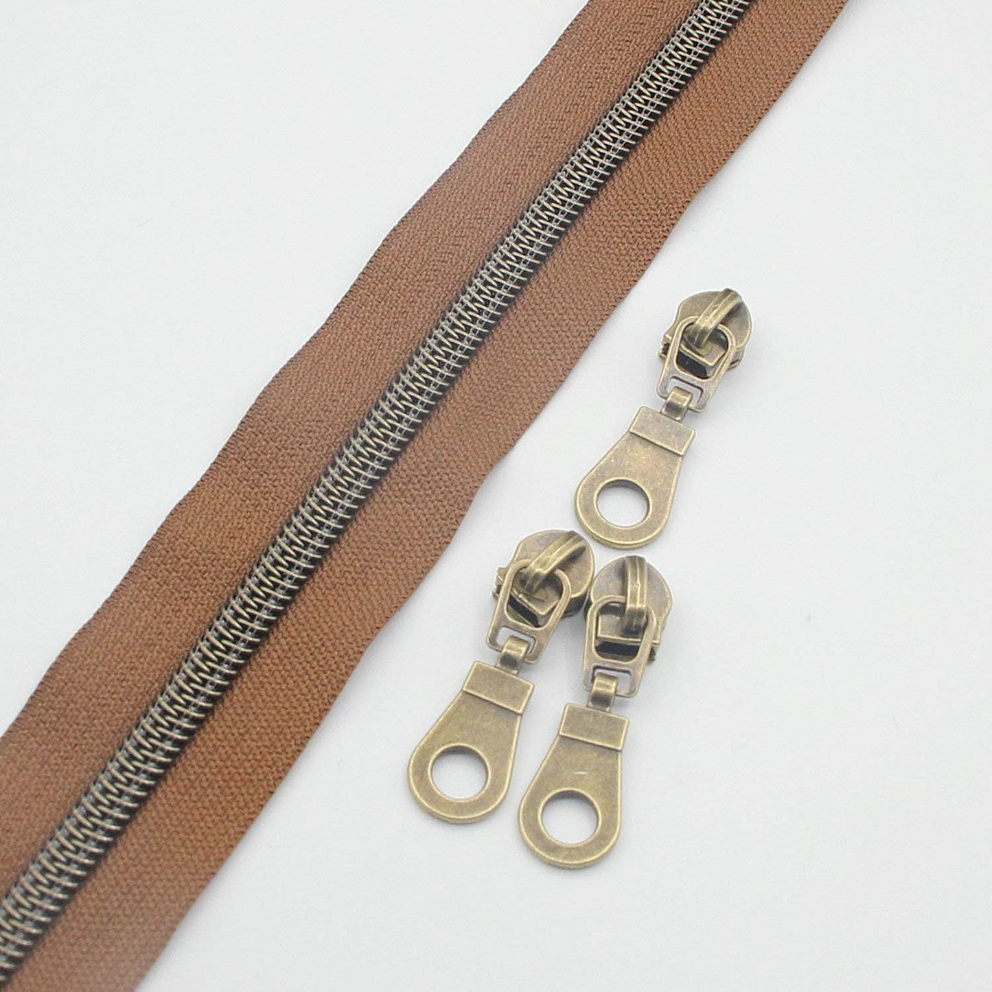 Leekayer #5 Antique Brass Metallic Nylon Coil Zippers by The Yard Bulk 10 Yards (Brown Tape with 25pcs Brass Sliders for DIY Sewing Tailor Craft Bag(Brown)
