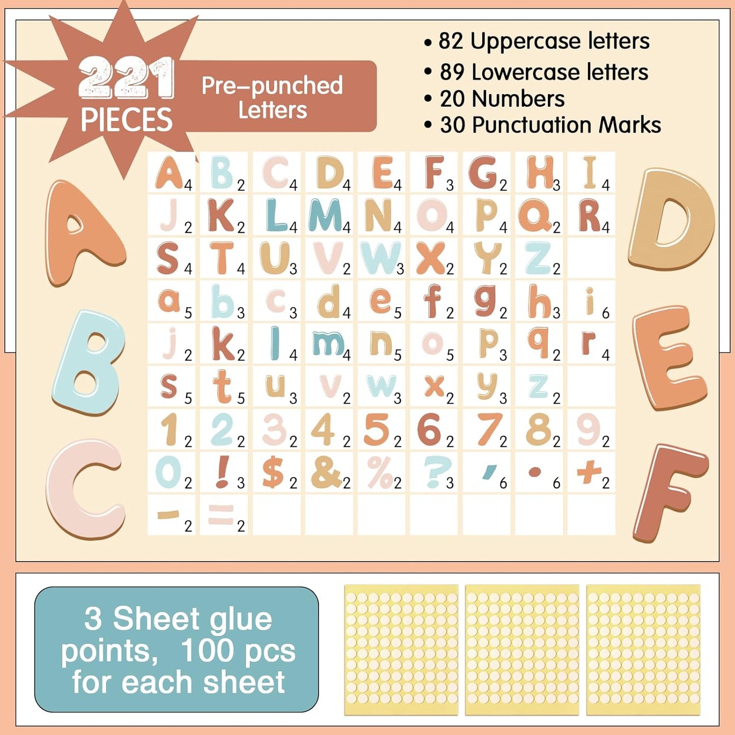 221 Pcs Bulletin Board Letters Round Alphabet Number Punctuation Symbol Combo Letter Cutouts Classroom Decoration for School Classroom Chalkboard Poster Board(Retro Boho)