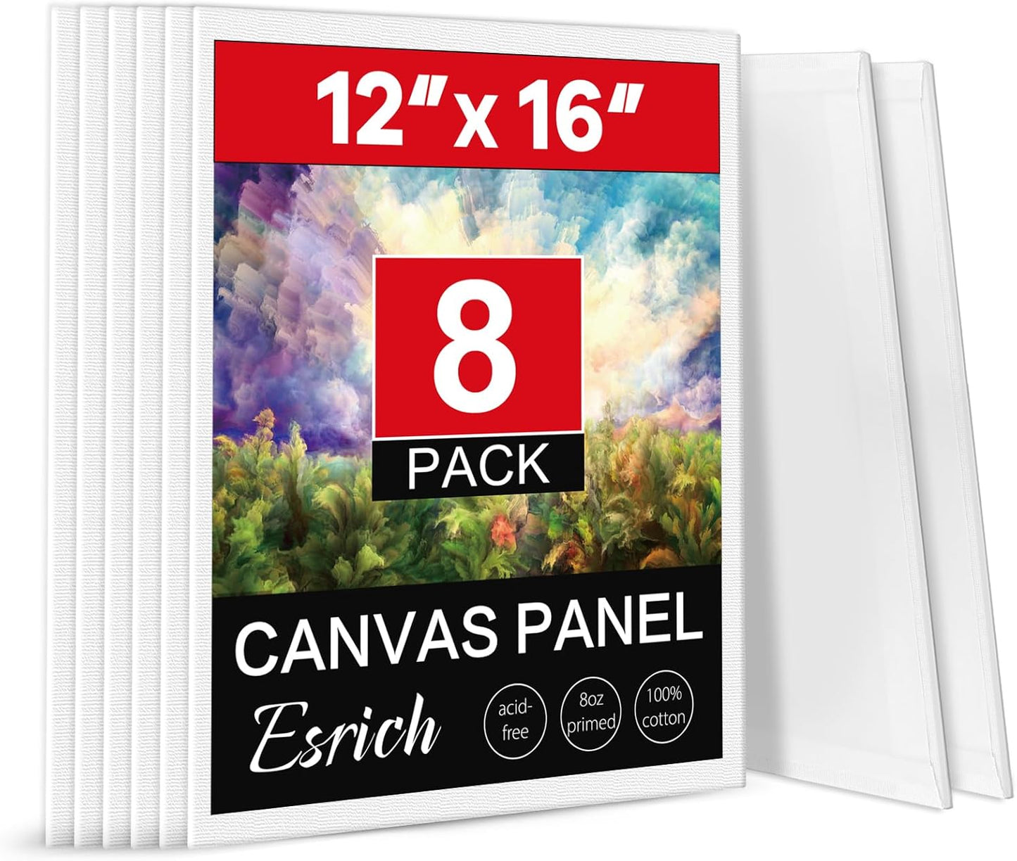 ESRICH Canvas Boards for Painting 12x16 Inch, 8 Pack Canvases for Painting Cotton Primed Acid Free Large Blank Canvas Panels for Oil Paint, Watercolor, Acrylic Paint, Gouache and Tempera.