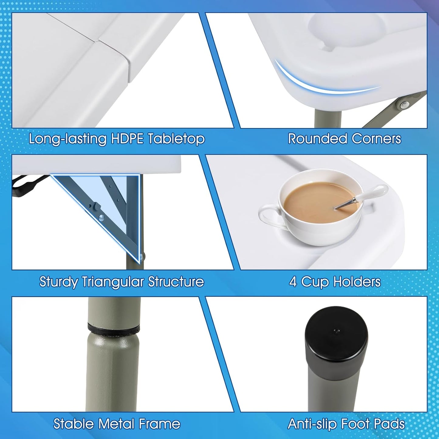 Giantex Folding Mahjong Table, 35" Square Card Table with Cup Holders, Removable Noise Reduction Mat, HDPE Tabletop, 4-Player Portable Domino Tables for Poker Blackjack Board Game (Blue)