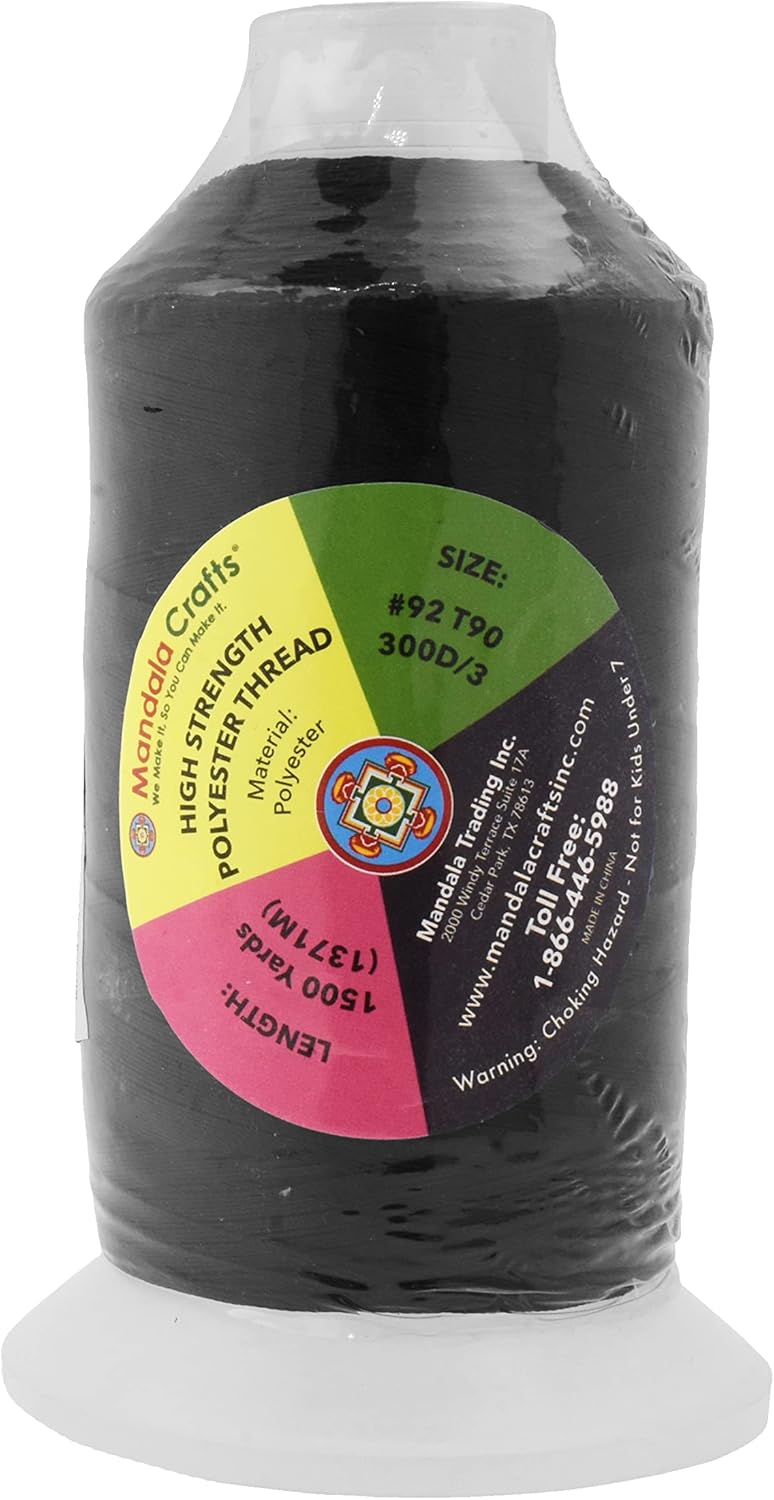 Mandala Crafts Black Heavy Duty Thread - 1500 Yds Tex 90 for Sewing, Drapery, Jeans, Leather, Hair, Bonded Polyester Outdoor Marine Upholstery