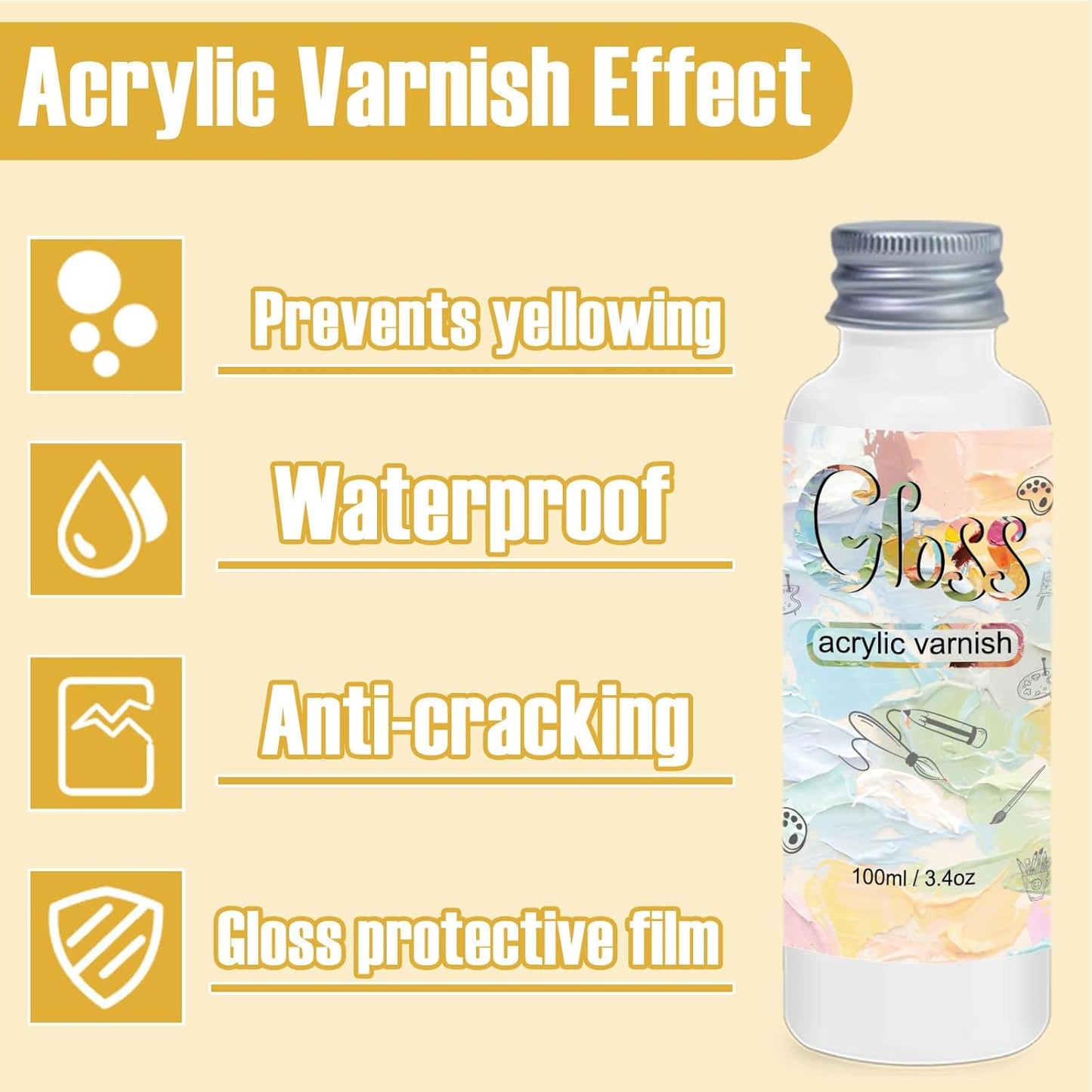 Gloss Varnish for Acrylic Painting, 100ml Clear Acrylic Varnish Gloss Keeps Paintings from Yellowing, Cracking, Maintains Permanent Color