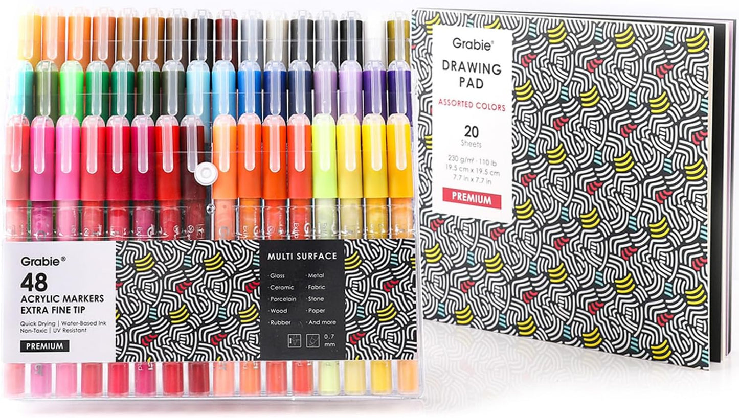 Grabie Acrylic Paint Pens Markers, 48 Colors, 0.7 mm, Extra Fine Tip Drawing Markers, Premium Paint Pens for Painting on Various Surface, Art Supplies, Set of 48
