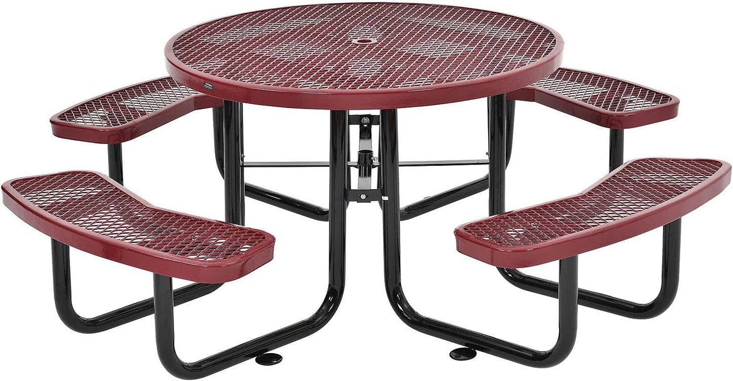 Global Industrial 46" Round Picnic Table, Expanded Metal, Red Thermoplastic Coating, Attached Benches, 1-1/2” Umbrella Pole Hole, Outdoor-Rated, 1000 lb Capacity