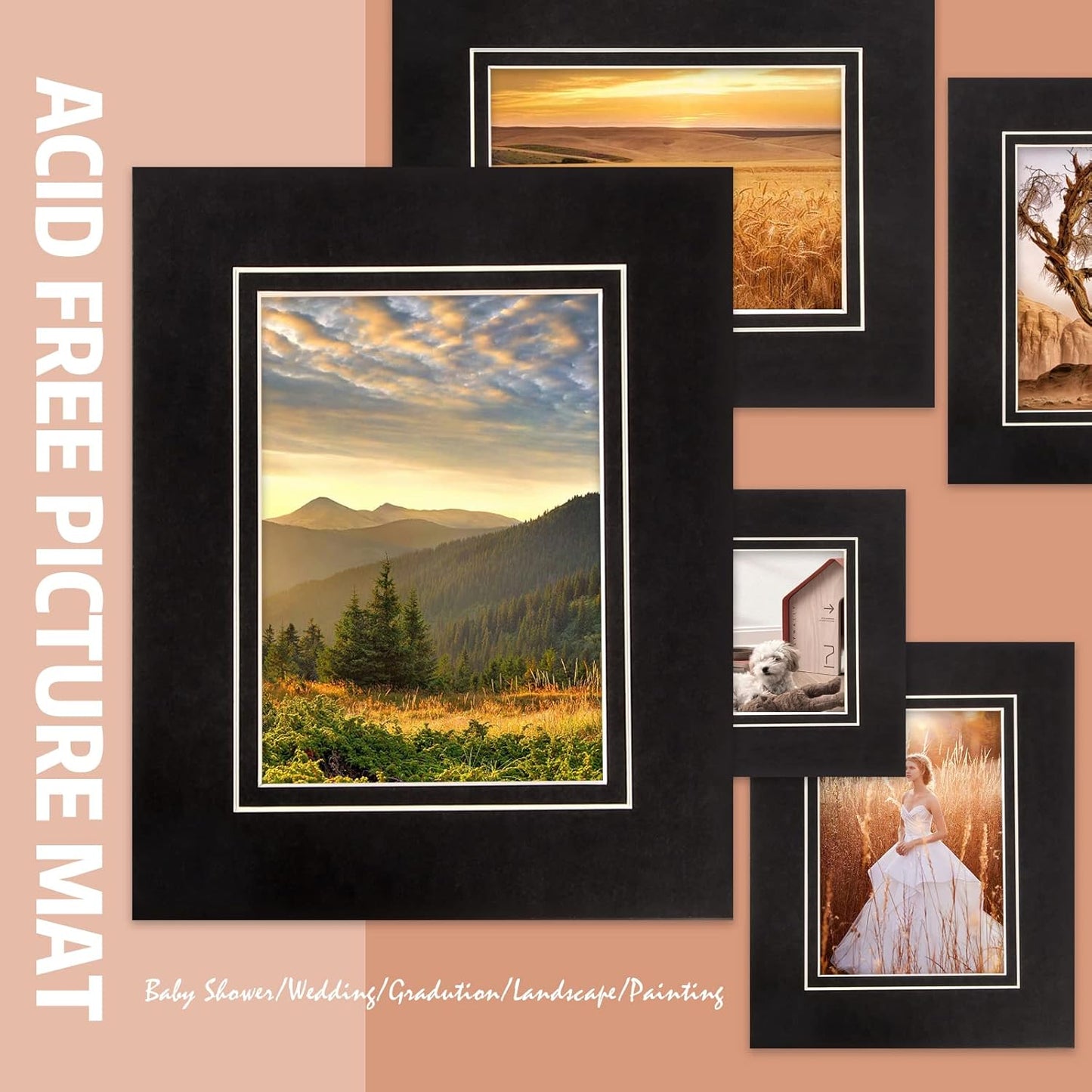 HOTUO 10 Pack Acid Free Black Picture Frame Mats, Pre-Cut 11x14 Picture Mats with Ivory Core Bevel Cut for 8x10 Photo, Signature Friendly 4 Ply Thickness Photo Mat for Frames (Black with V-Groove)