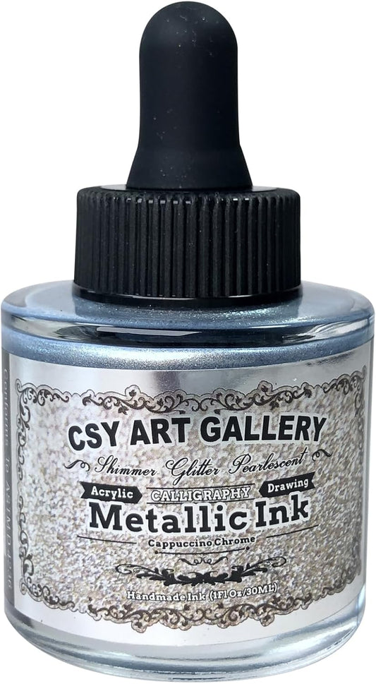 CSY Art Gallery Silver Chrome Metallic Acrylic Inks-Paint for Crafts-Liquid Leaf Silver Paints Calligraphy Ink (Cappuccino Chrome)