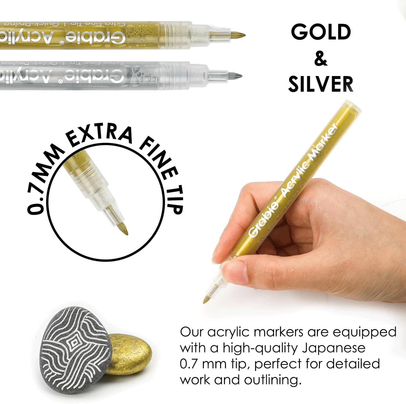 Grabie Gold&Silver Extra Fine Tip Acrylic Paint Marker Set, 6 Pack Gold Paint Markers, 0.7mm Acrylic Paint Pens for Black Paper, Halloween Pumpkin, Christmas DIY, Silver Pen(Gold&Silver)