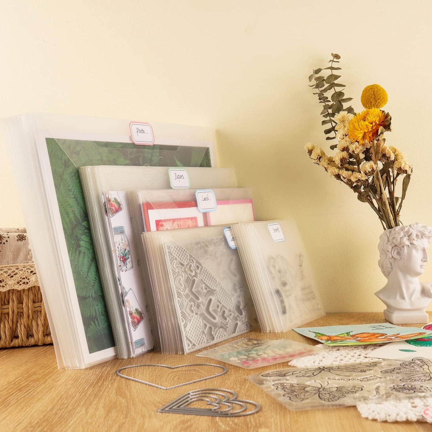 40 PCS Stamp and Die Storage Pockets 48 Label Stickers 4 Sizes Scrapbooking Storage Die Cuts Storage for Storage Card Making DIY Scrapbooking Paper, Cutting Dies Stencil Clear Stamp Crafts Storage